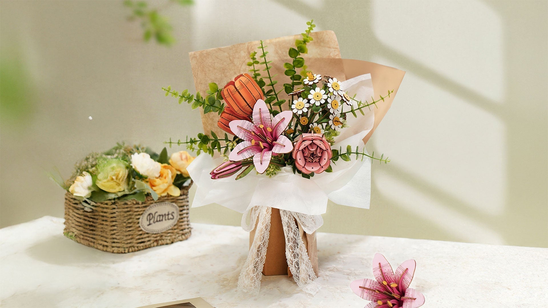 A flower bouquet made of Rowood flowers is placed on the table, which looks particularly beautiful in the sunlight