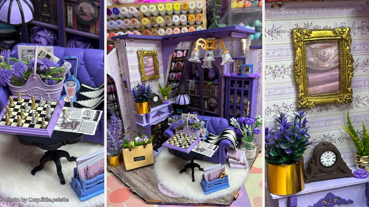 Cozy.little.palette’s lavender customization of Rolife Catherine’s Living Room with chess table and fireplace details
