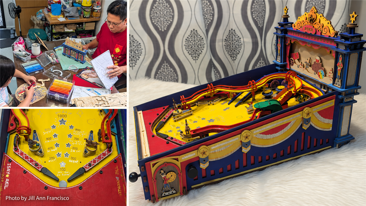 Jill Ann Francisco’s colorful family-built ROKR Pinball Machine with assembly and handwritten scoring details