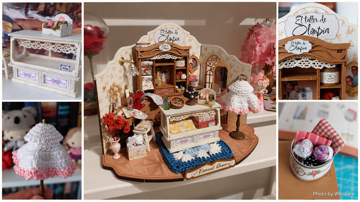 Wenbare’s customized Olimpia’s Workshop with crochet, family photographs, and handmade miniature details