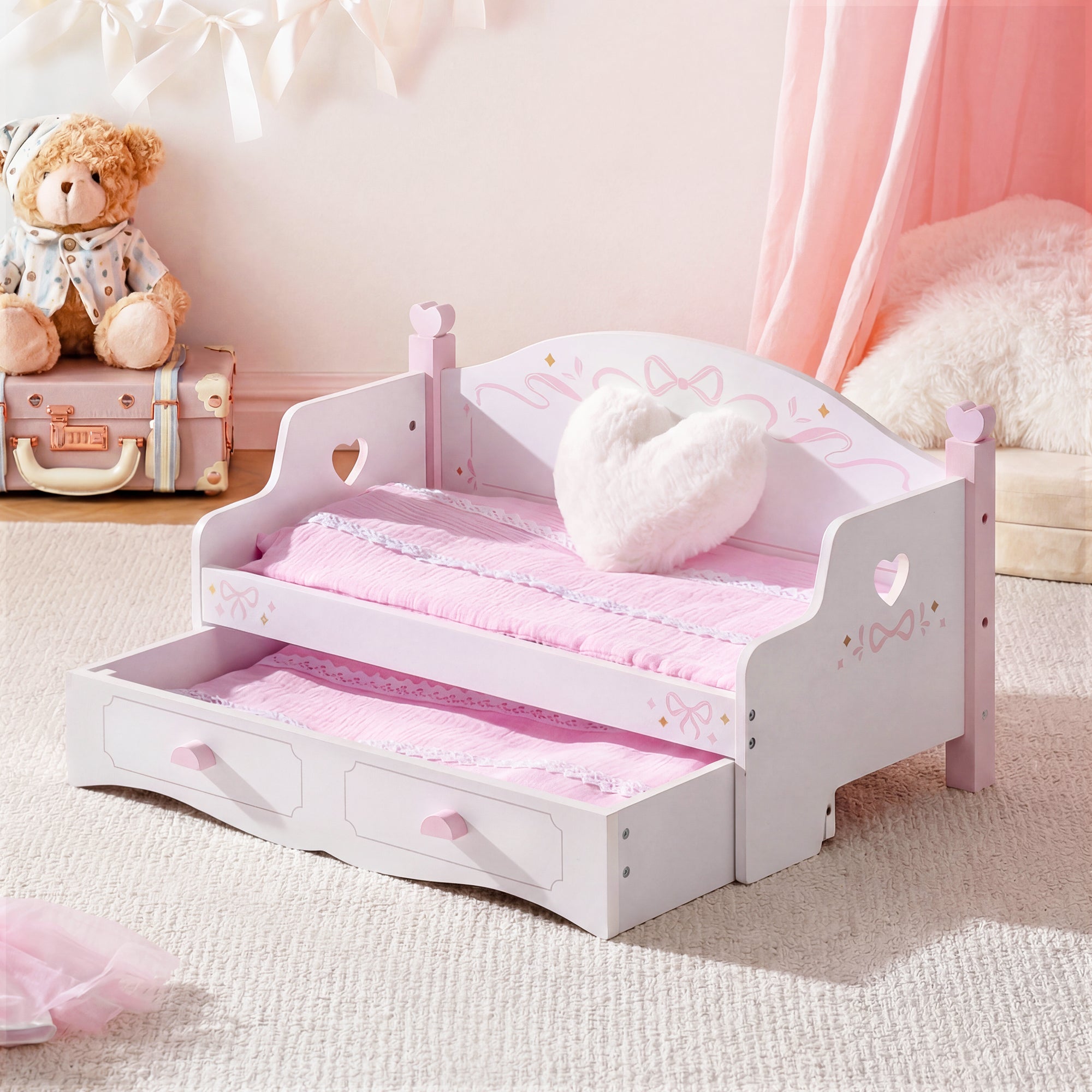 ROBUD Wooden All-in-One Baby Doll Doll Bunk Bed Sofa with Mattress