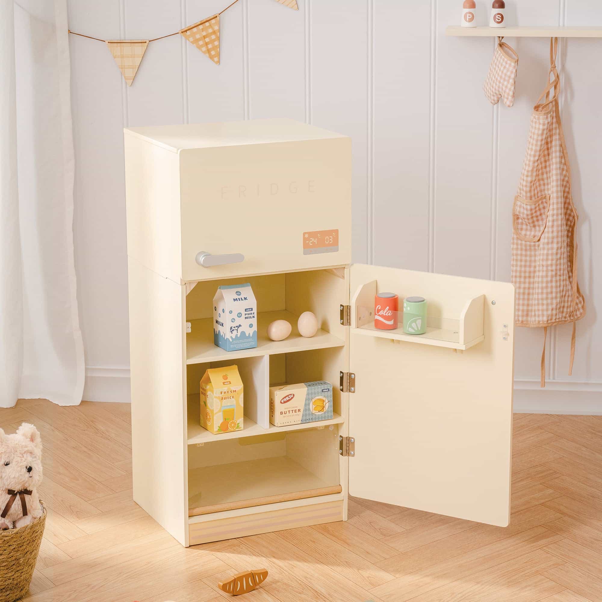 ROBUD Wooden Kids Play Kitchen Fridge Creamy