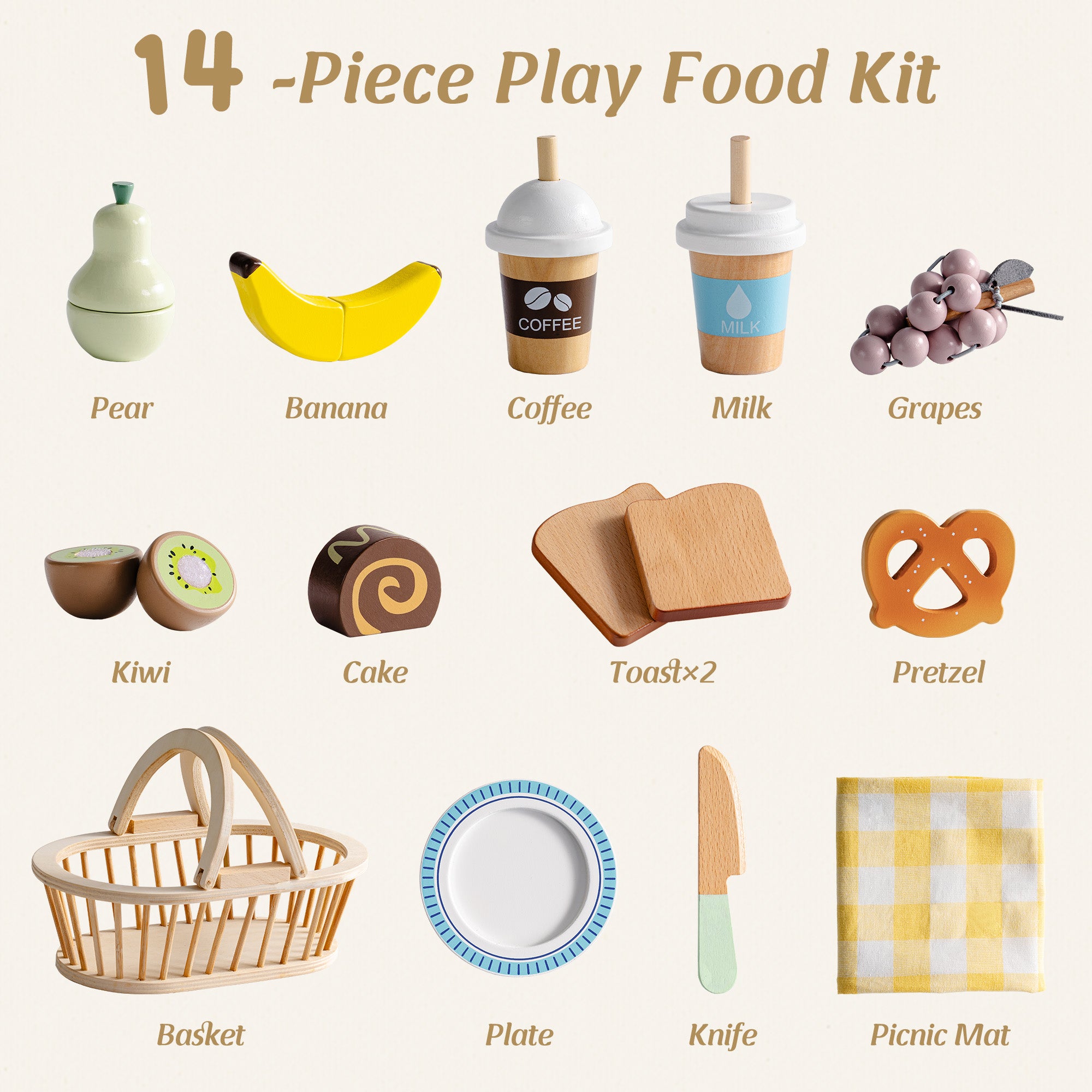 ROBUD Kids Wooden Picnic Play Food Set