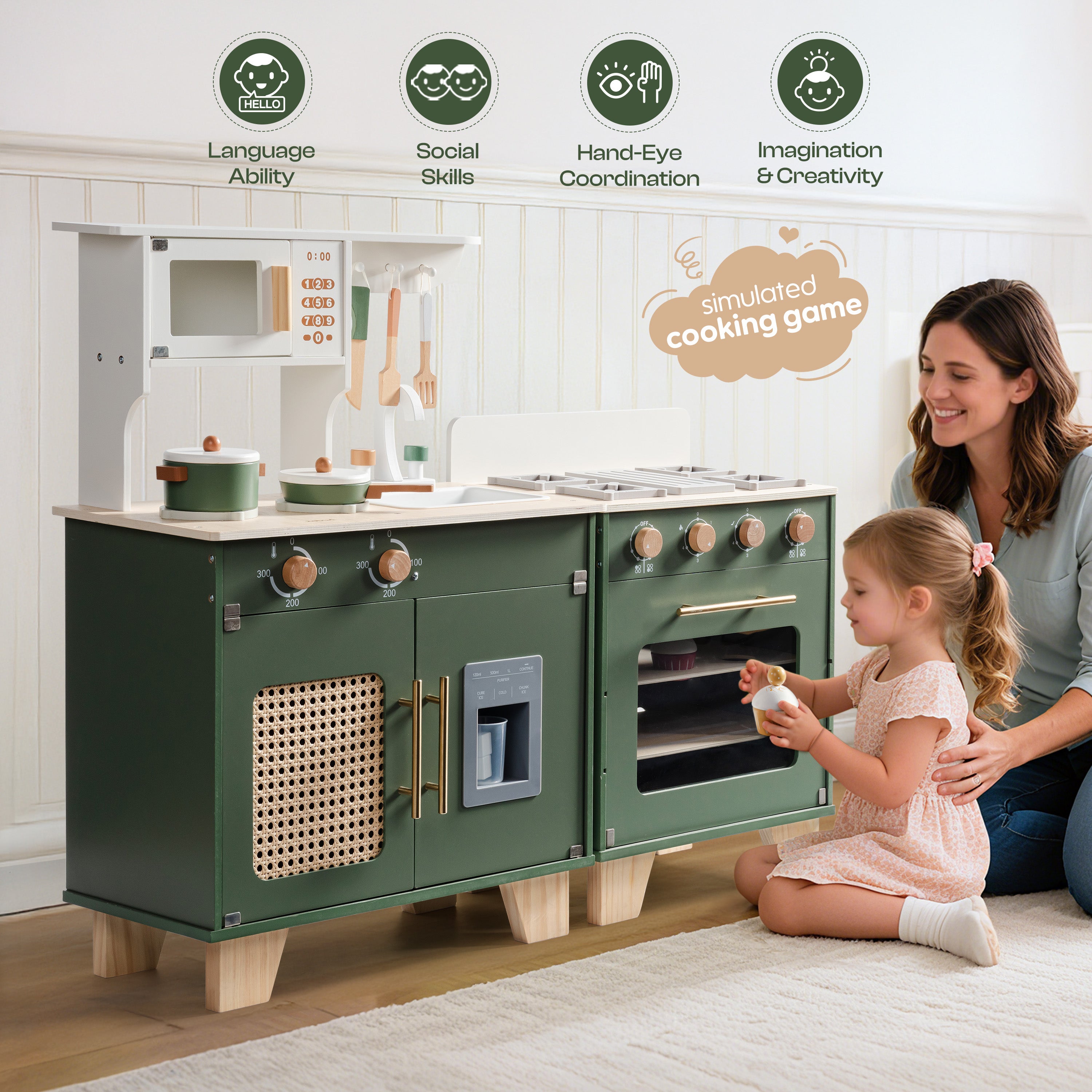 ROBUD Wooden 3 Pieces Kids Kitchen Playset - Vintage Green