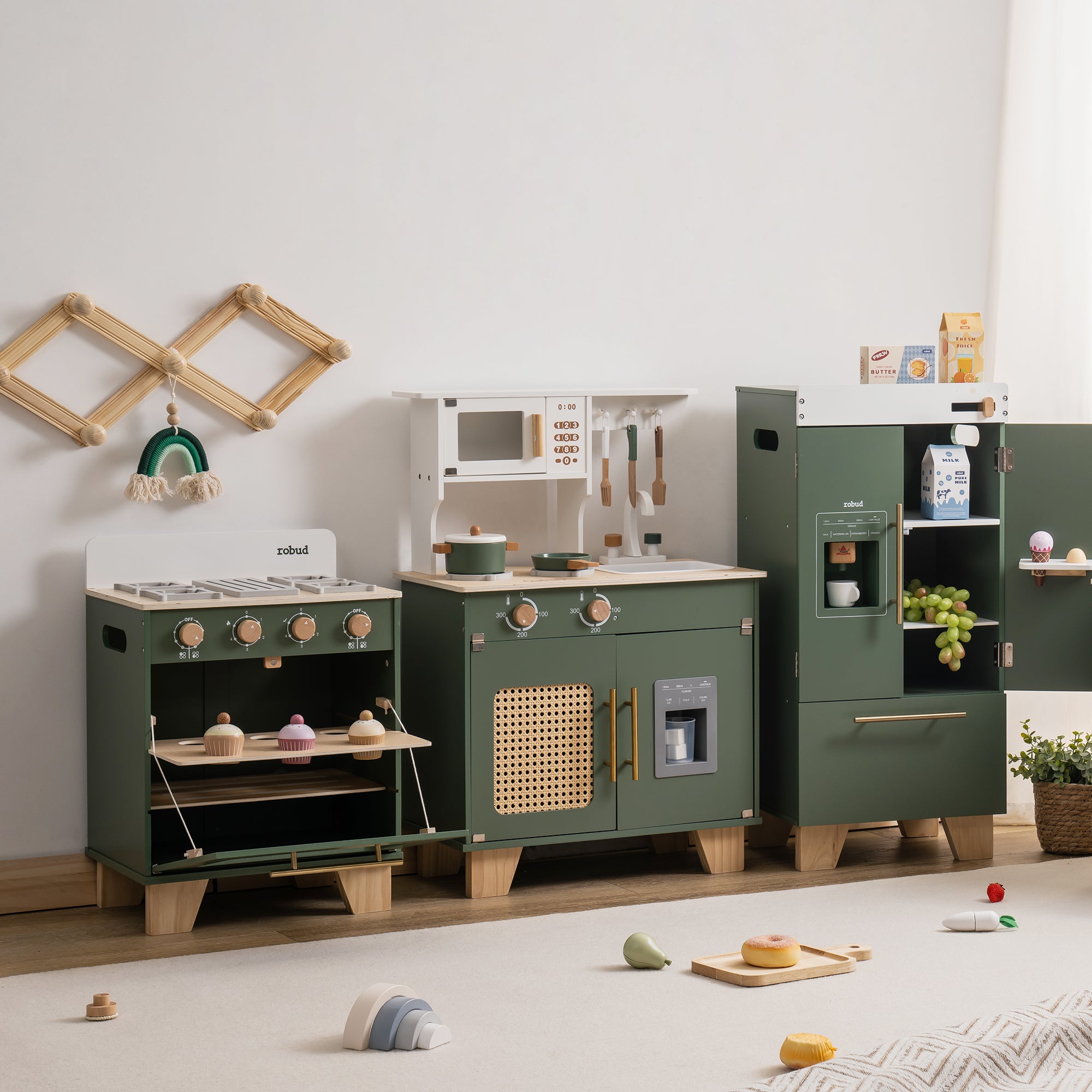 ROBUD Wooden 3 Pieces Kids Kitchen Playset - Vintage Green