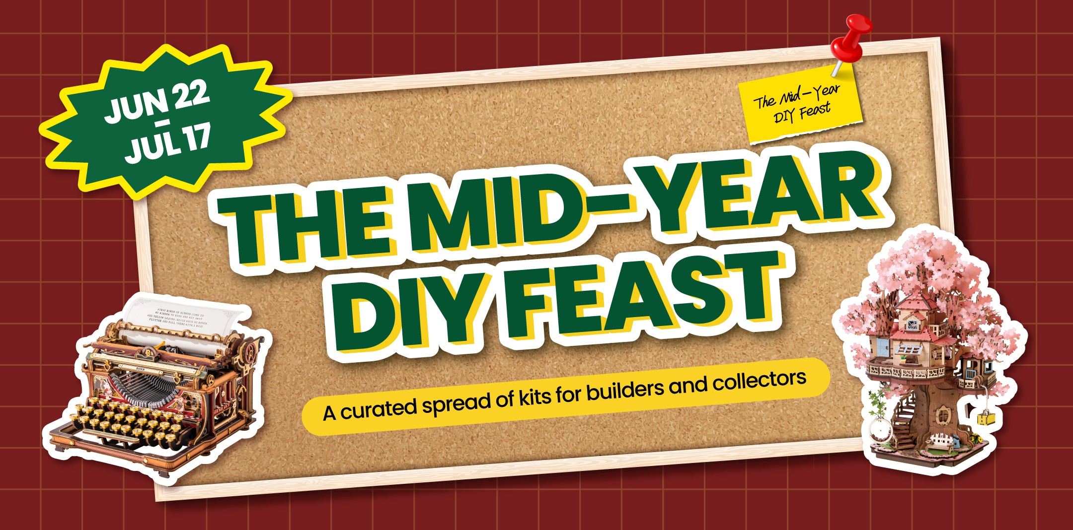 Mid-Year DIY Feast sale banner on a cork background showing two featured kits with a tagline for collectors.