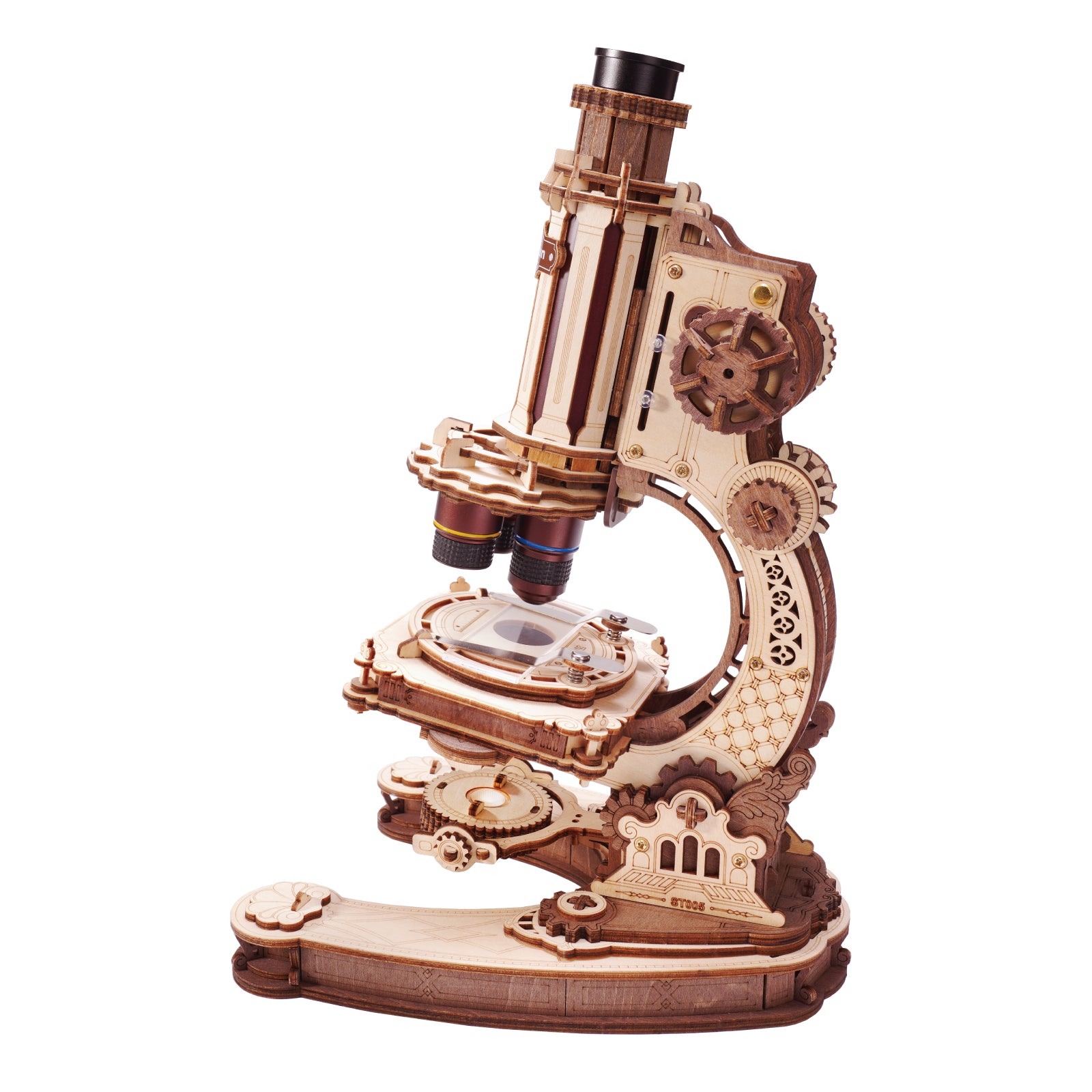 ROKR natural wood mechanical microscope model with rotating nosepiece and rack-and-pinion focus mechanism on white background