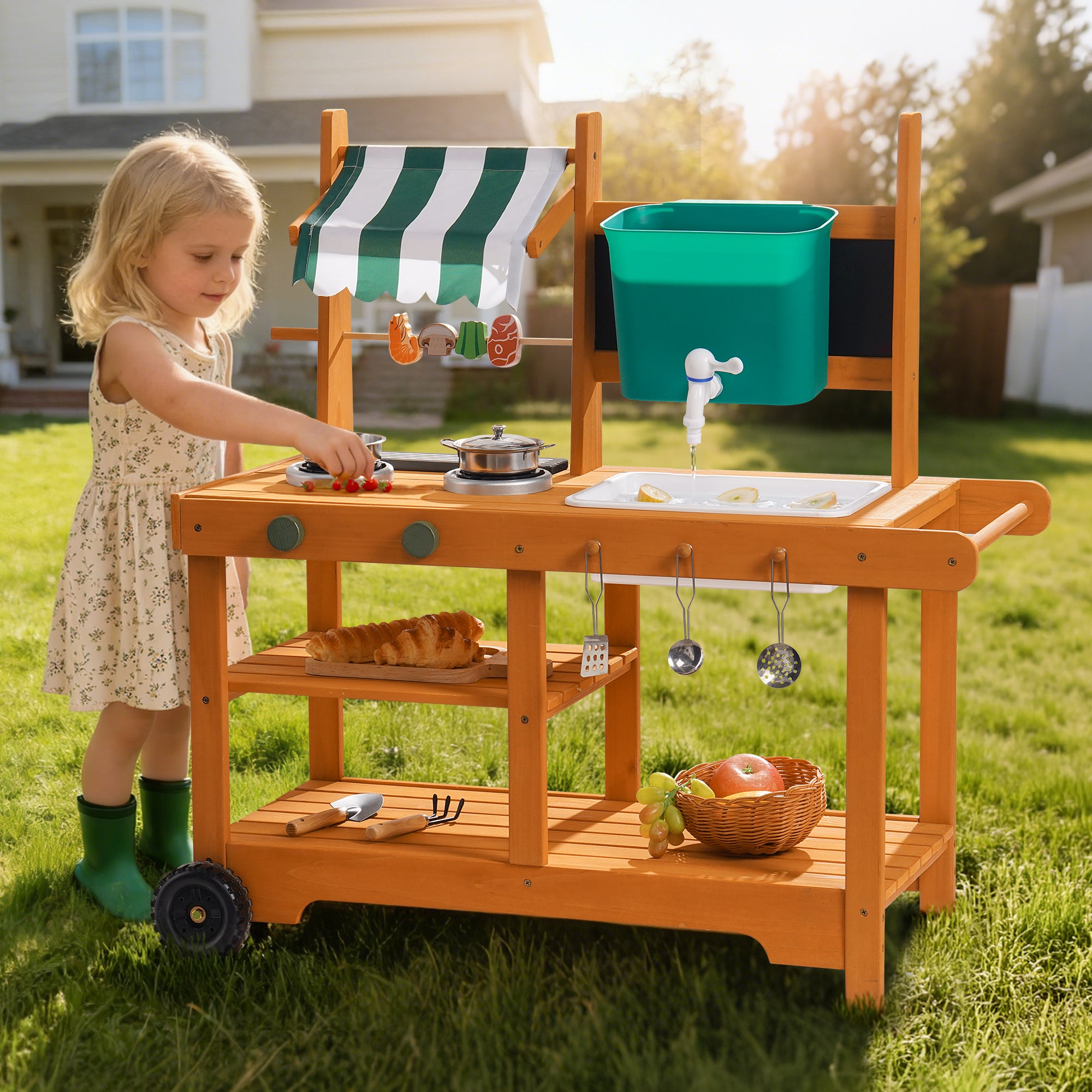ROBUD Mud Kitchen for Kids Outdoor with Canopy & Wheels