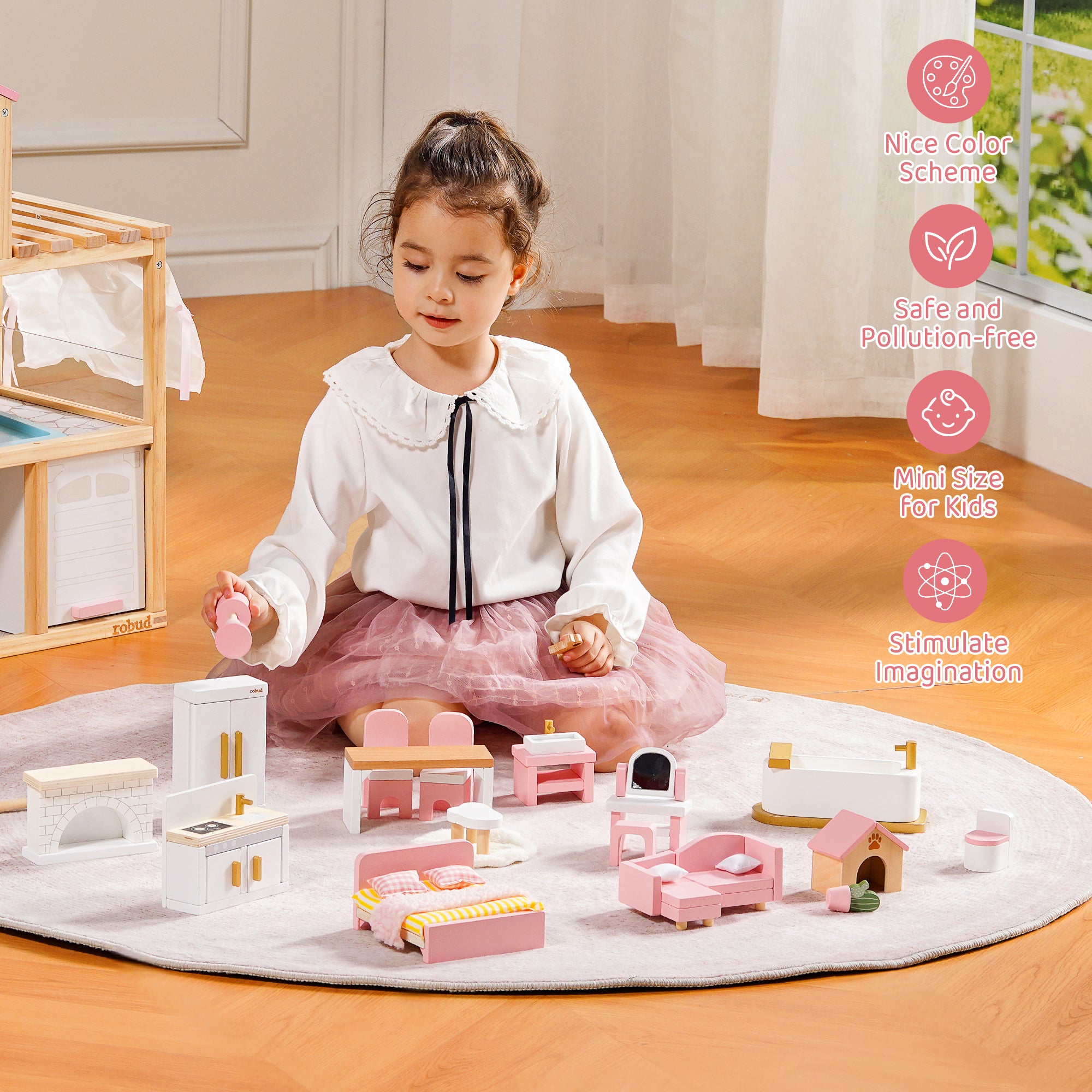ROBUD Wooden Dollhouse Furniture Set - Pink