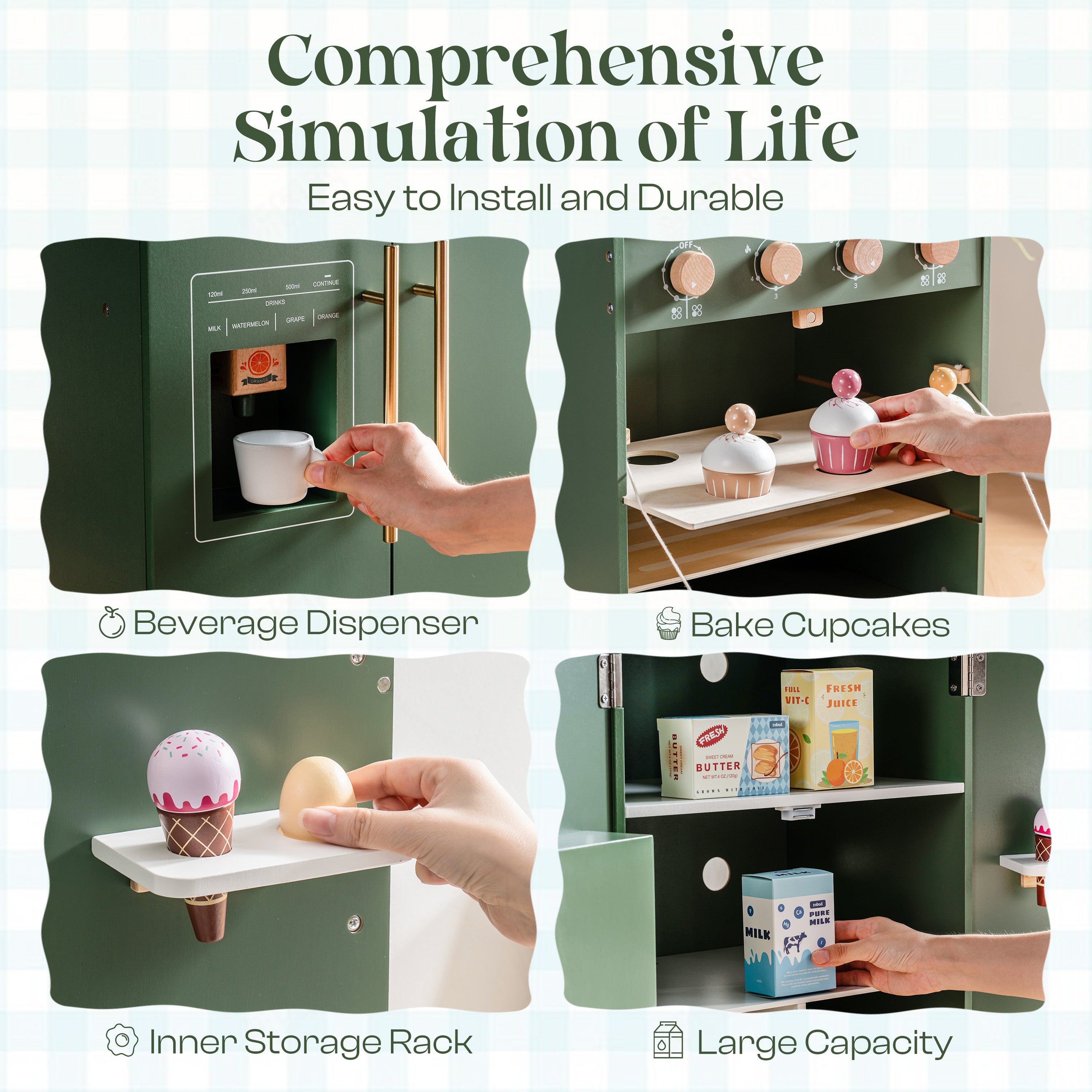 ROBUD Wooden 3 Pieces Kids Kitchen Playset - Vintage Green