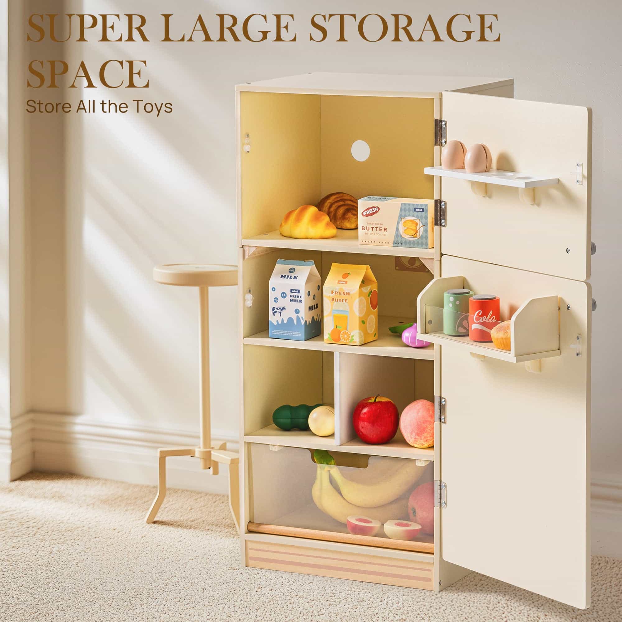 ROBUD Wooden Kids Play Kitchen Fridge Creamy