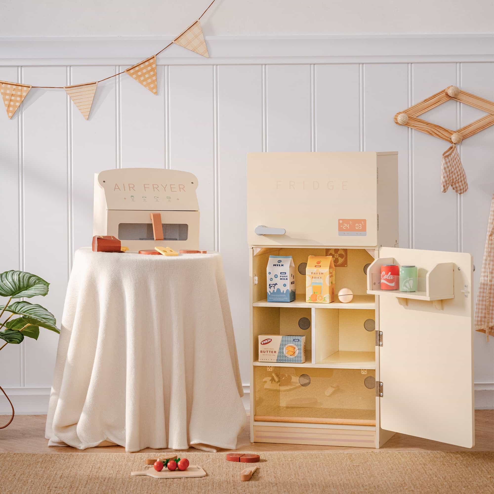 ROBUD Wooden Kids Play Kitchen Fridge Creamy