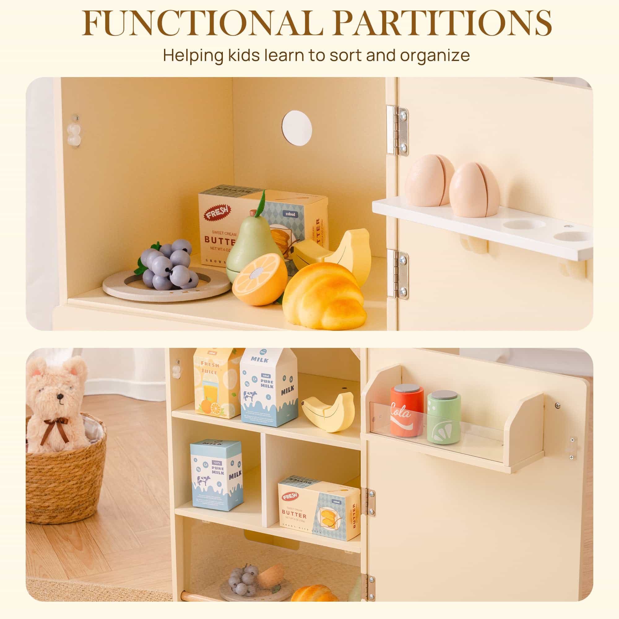 ROBUD Wooden Kids Play Kitchen Fridge Creamy