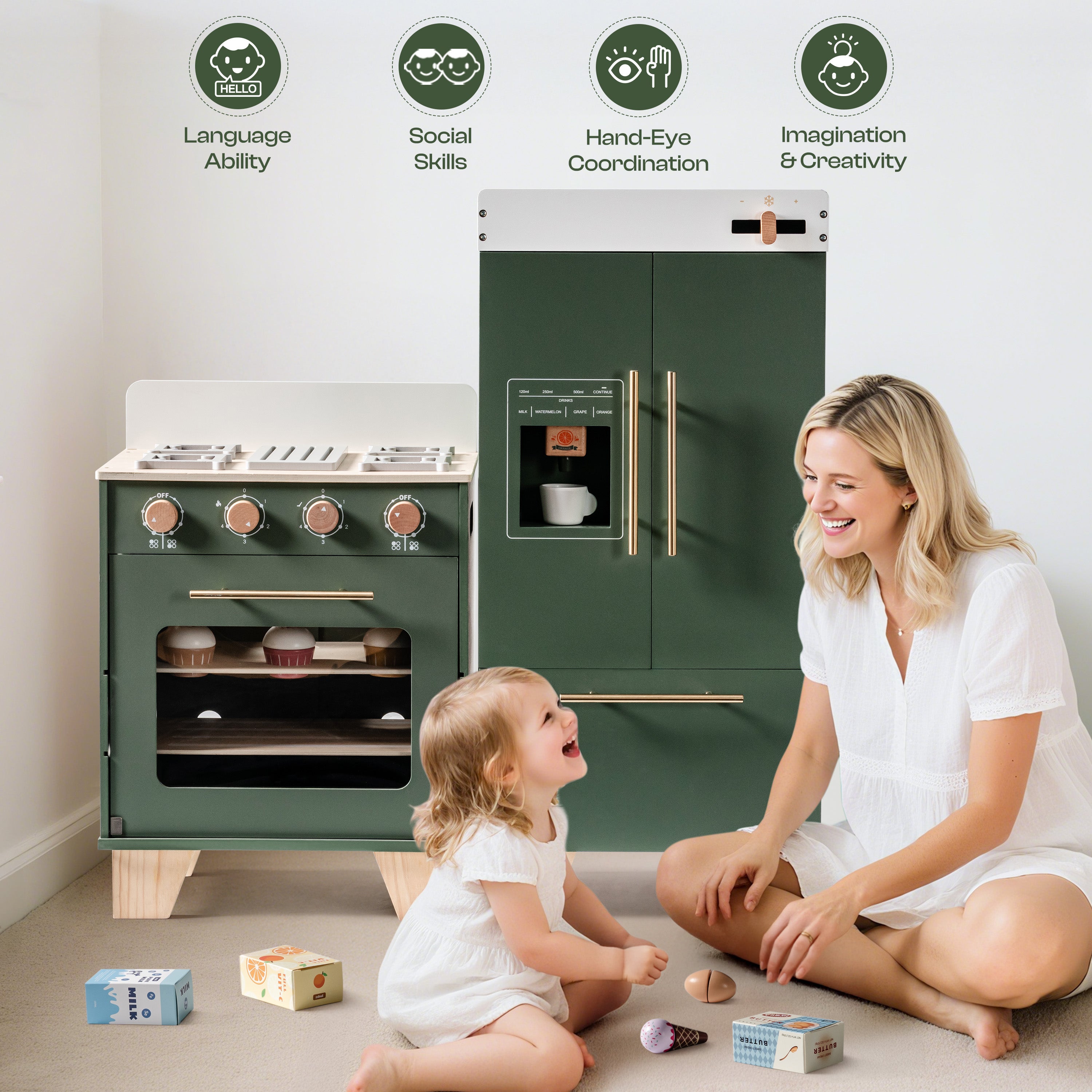 ROBUD Wooden 3 Pieces Kids Kitchen Playset - Vintage Green