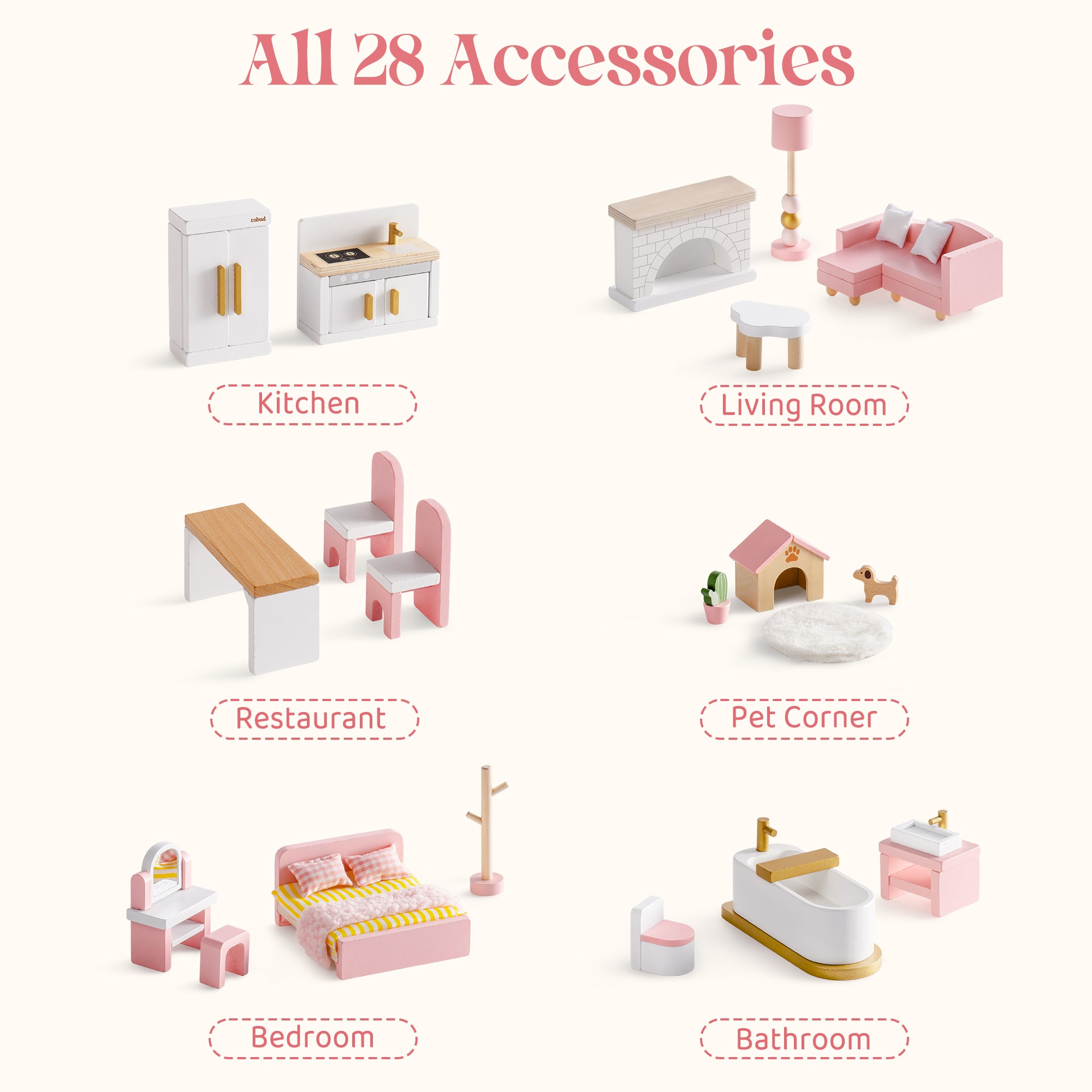 ROBUD Wooden Dollhouse Furniture Set - Pink