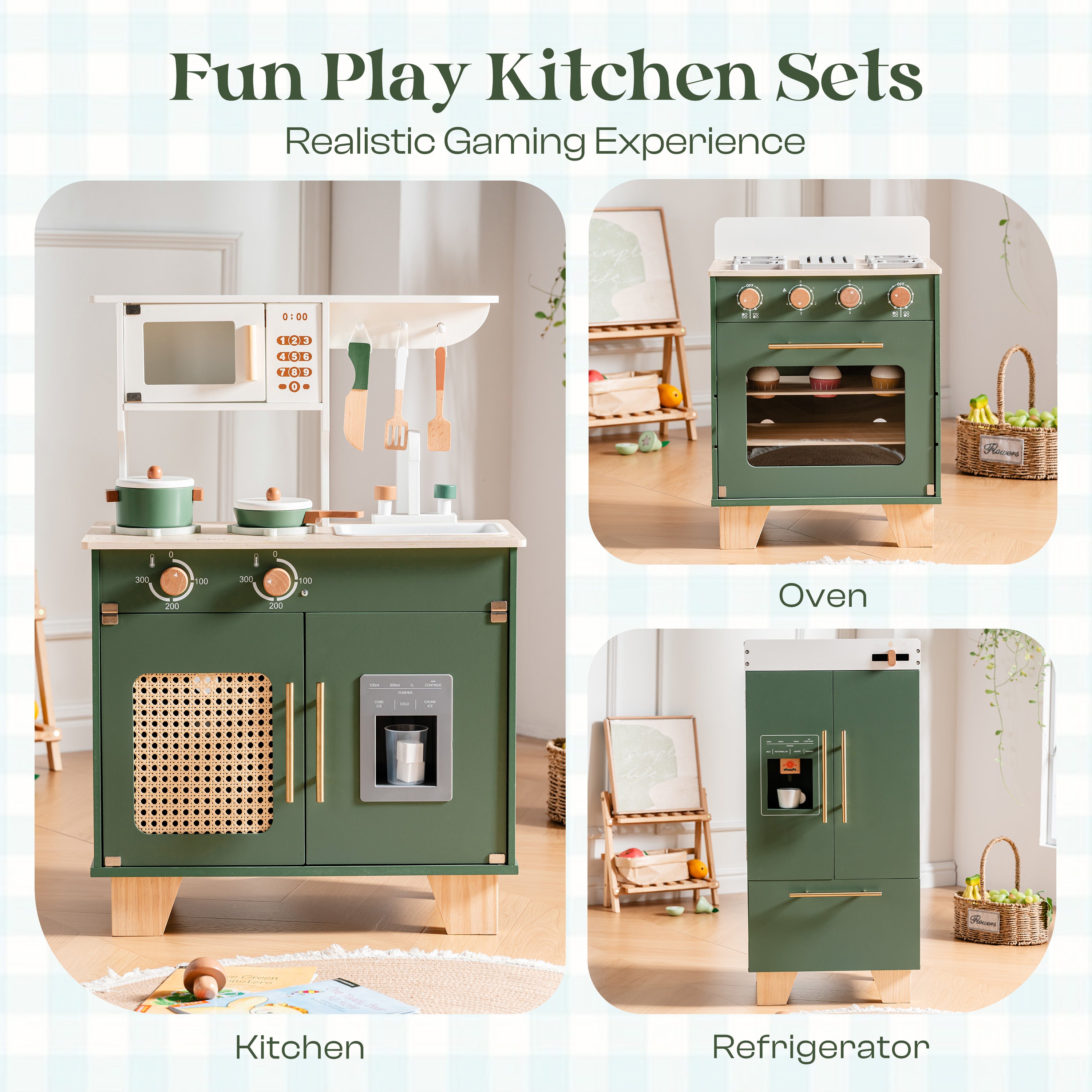 ROBUD Wooden 3 Pieces Kids Kitchen Playset - Vintage Green