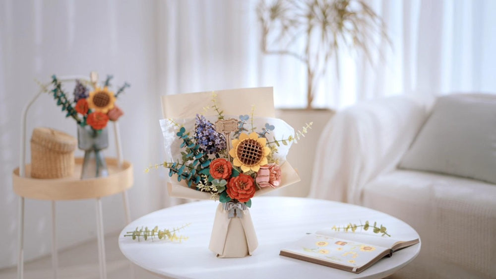 Assembled Rowood Wooden Flower Bouquet on table.