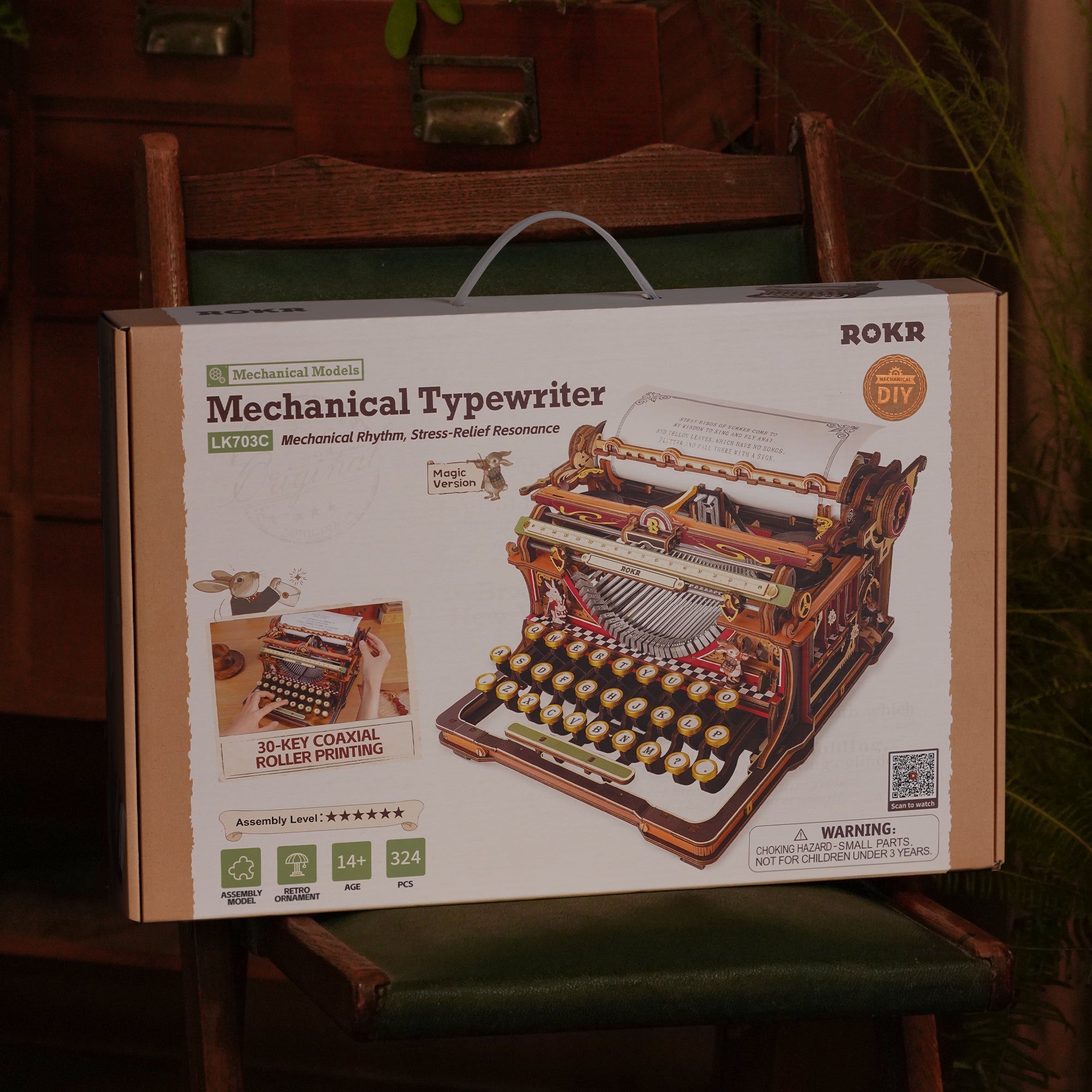 ROKR Mechanical Typewriter Wooden 3D Puzzle LK703C (Magic Version) LK703C, multi-angle composite showing model details