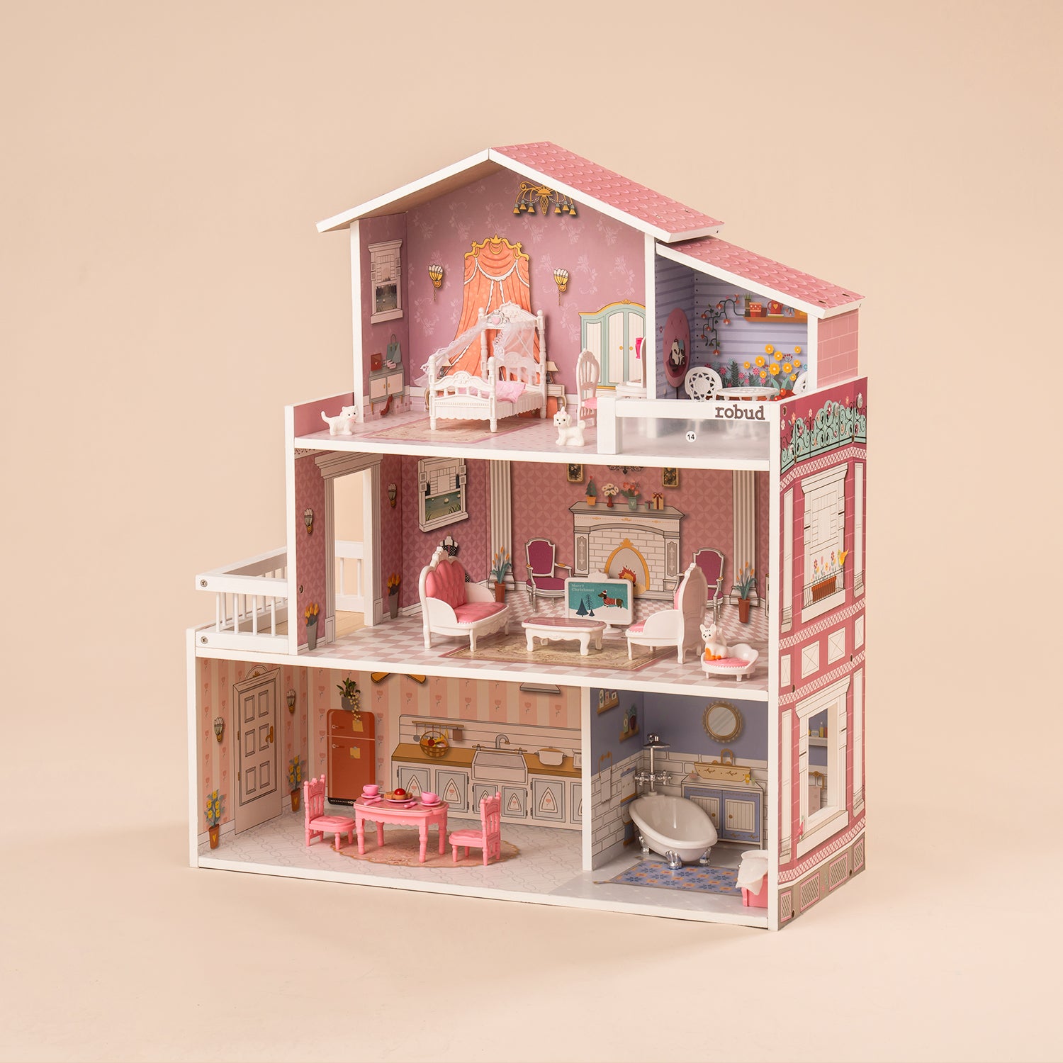 ROBUD Wooden Dollhouse for Kids with 24pcs Furniture Preschool