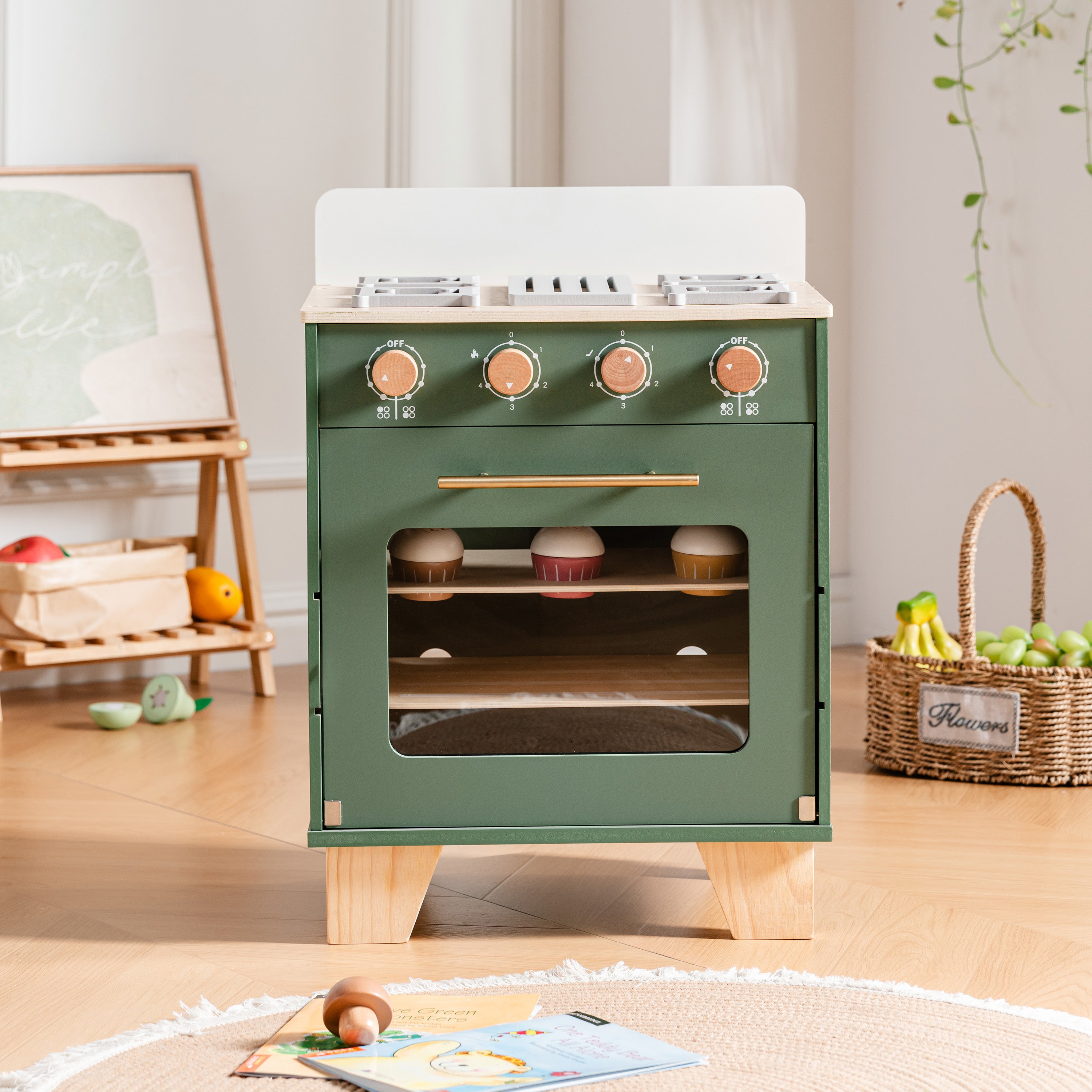 ROBUD Wooden 3 Pieces Kids Kitchen Playset - Vintage Green