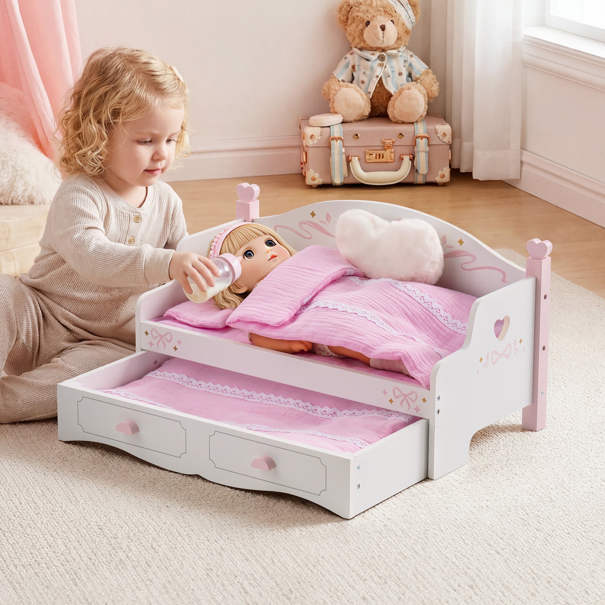 ROBUD Wooden All-in-One Baby Doll Doll Bunk Bed Sofa with Mattress