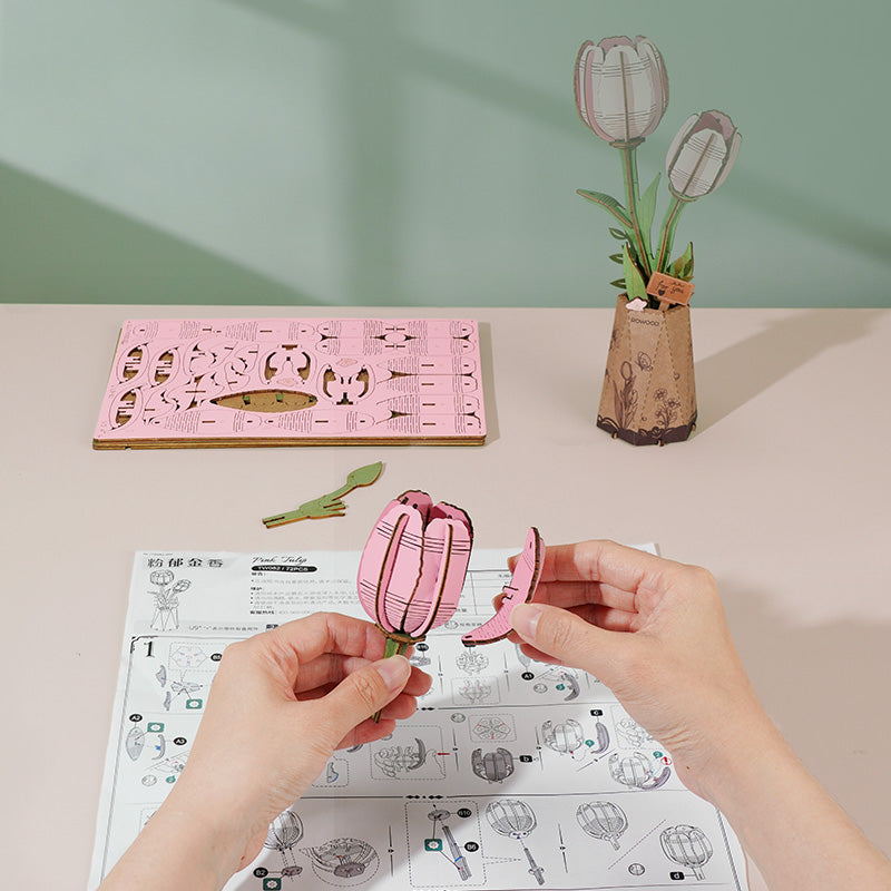 Rowood Pink Tulip DIY Flower 3D Wooden Puzzle TW082