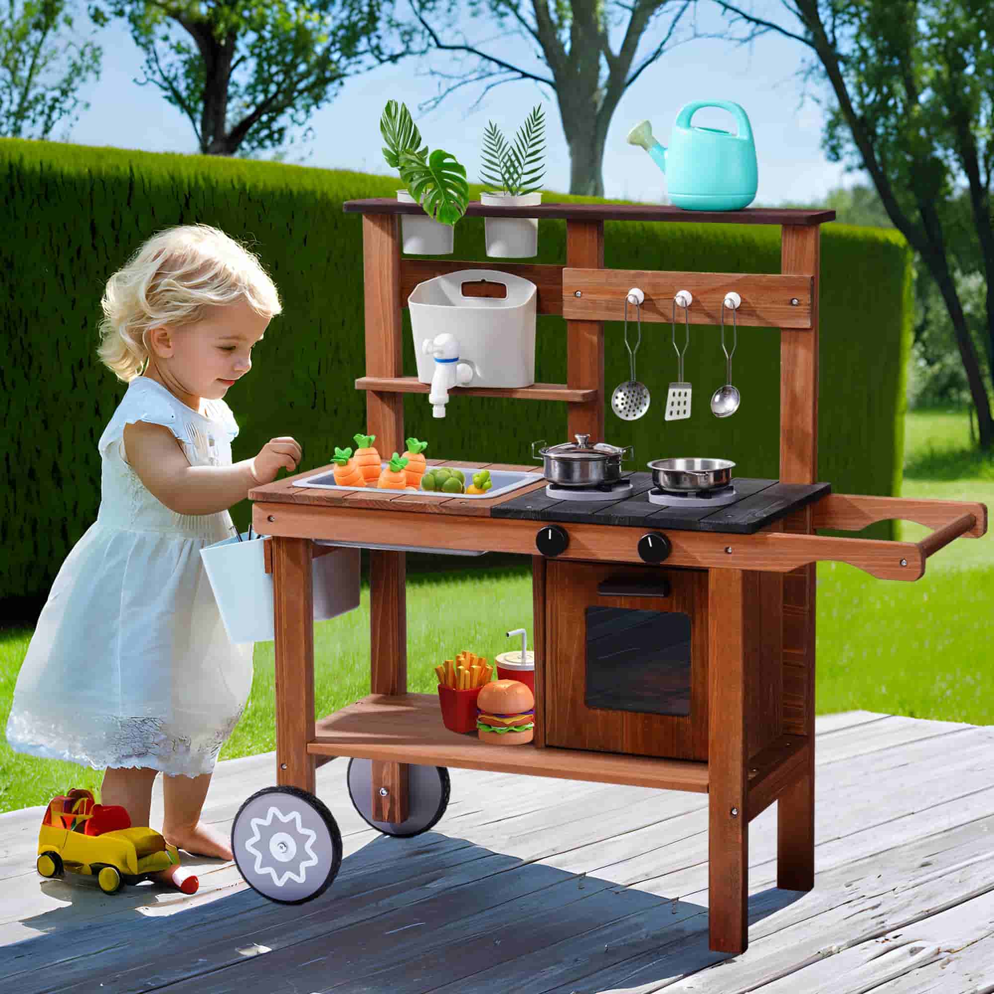 ROBUD Wooden Outdoor Kitchen Playset with Wheels - Mud