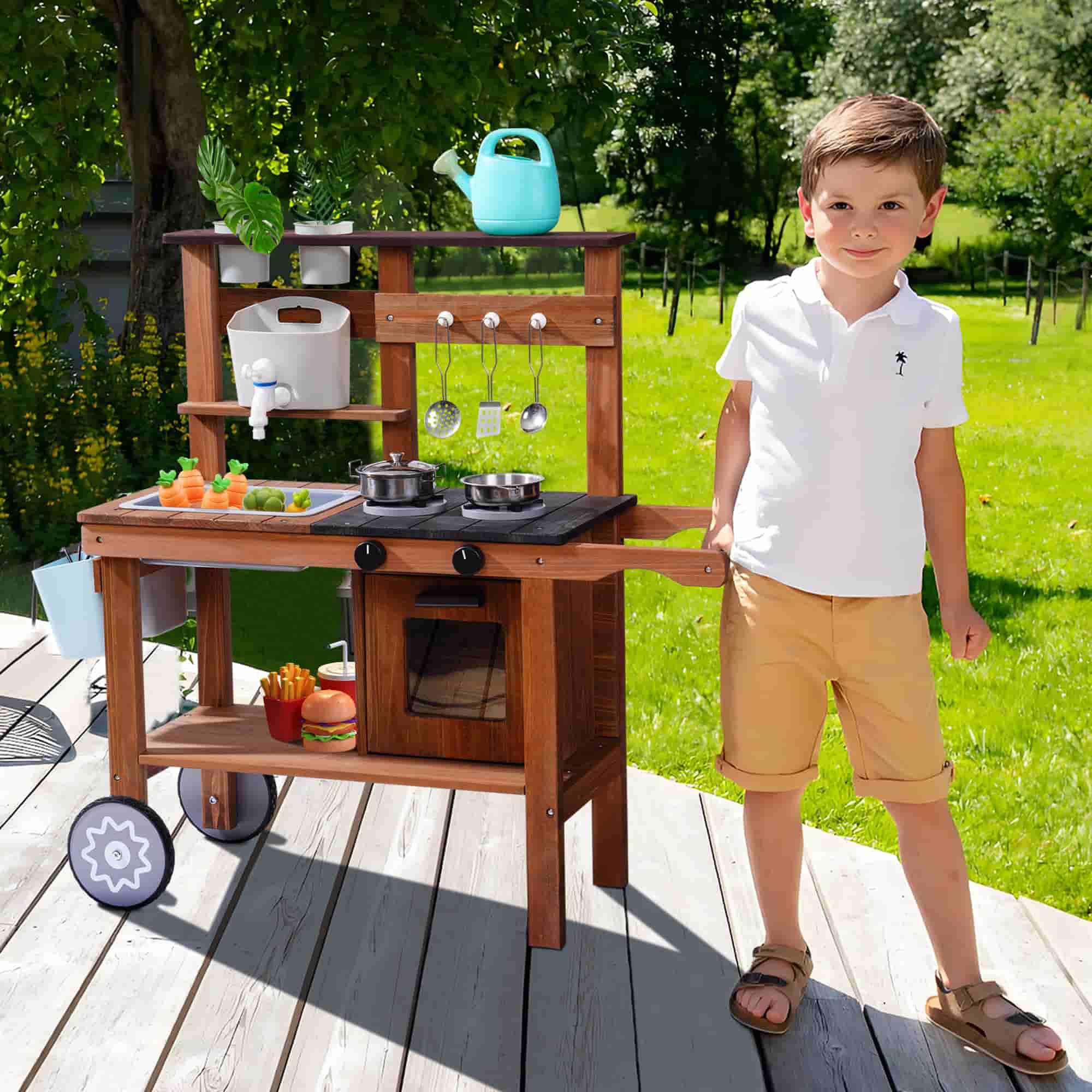ROBUD Wooden Outdoor Kitchen Playset with Wheels - Mud