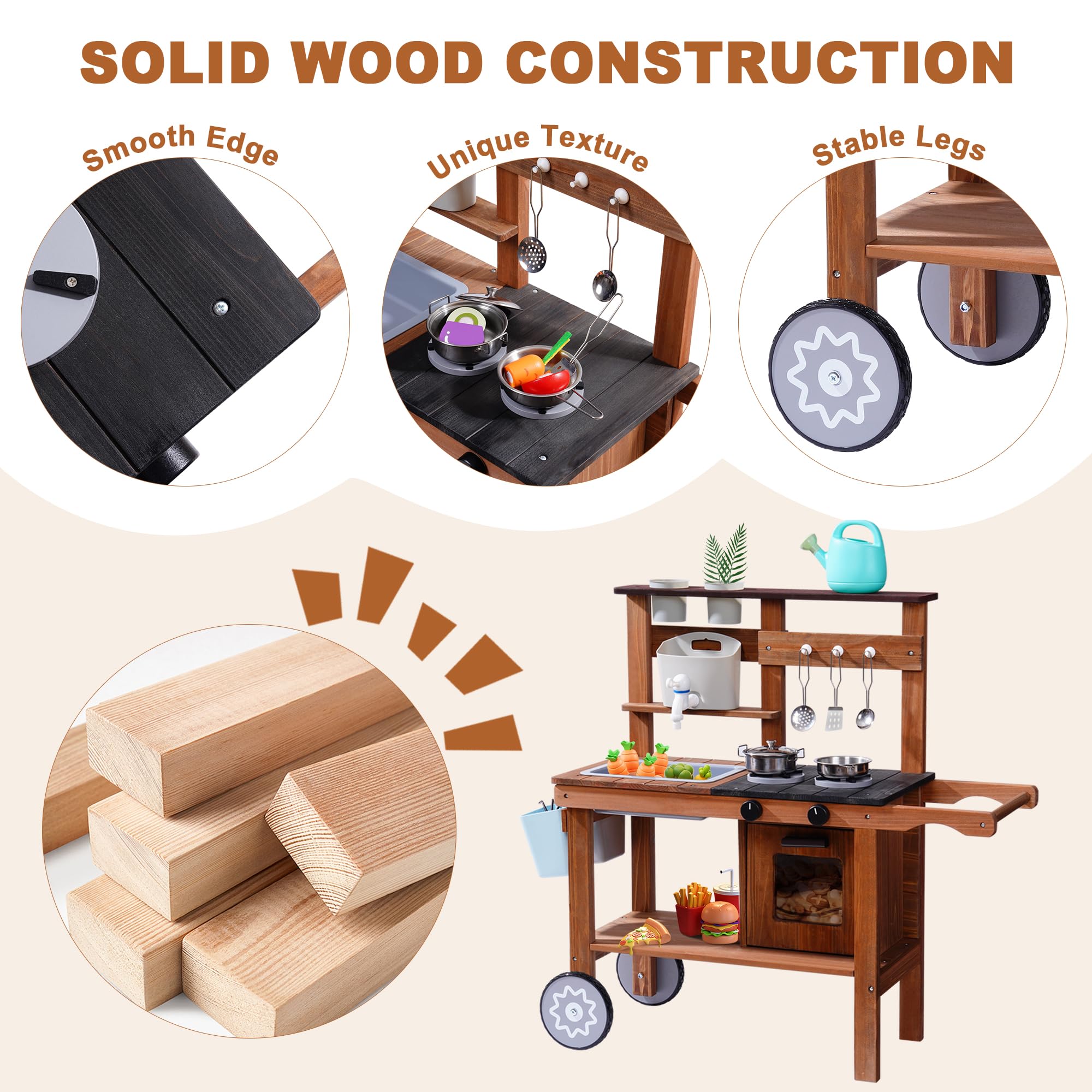 ROBUD Wooden Outdoor Kitchen Playset with Wheels - Mud