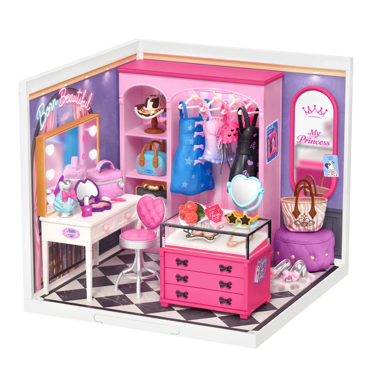 Miniature pink and purple dressing room with vanity table, heart-shaped stool, clothing rack, pink drawers and checkered floor.