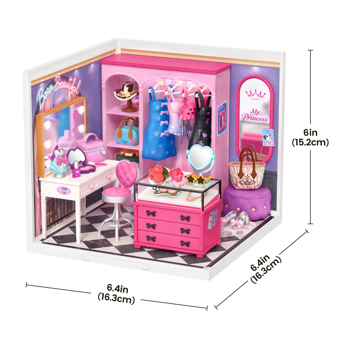 Miniature dressing room shown with dimensions: 6.4in (16.3cm) width, 6.4in (16.3cm) depth, 6in (15.2cm) height.