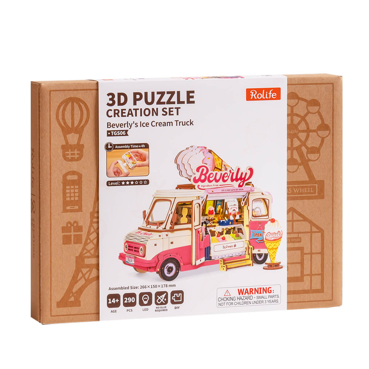 Rolife Beverly's Ice Cream Truck 3D Wooden Puzzle TGS06 3D wooden vehicle puzzle, side view highlighting structure and scale