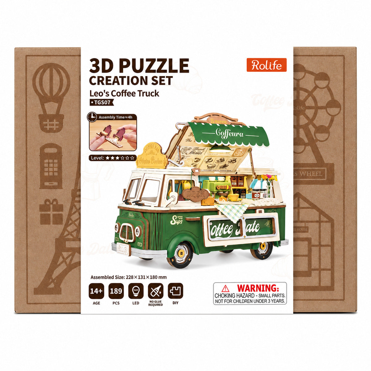 Rolife Leo's Coffee Truck TGS07 3D puzzle creation set retail packaging box featuring assembled green truck and specs