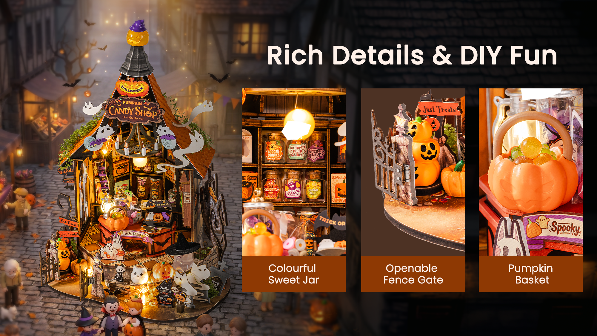 Rolife Haunted Candy House rich details collage showing colorful sweets, pumpkin basket, and openable house door