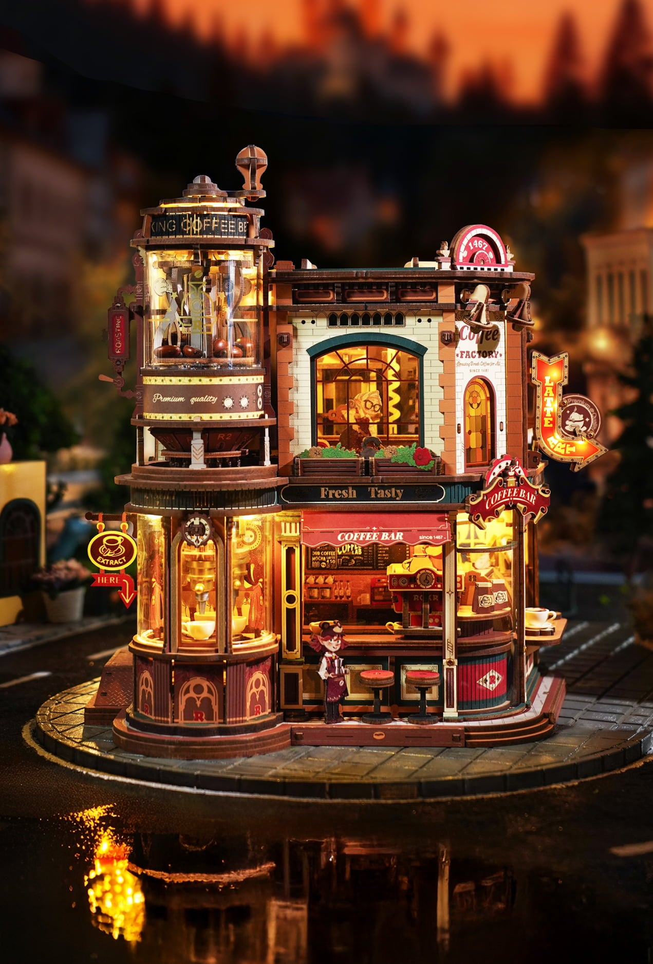 Colorful steampunk gift factory miniature glowing at dusk with towers and arched doorways