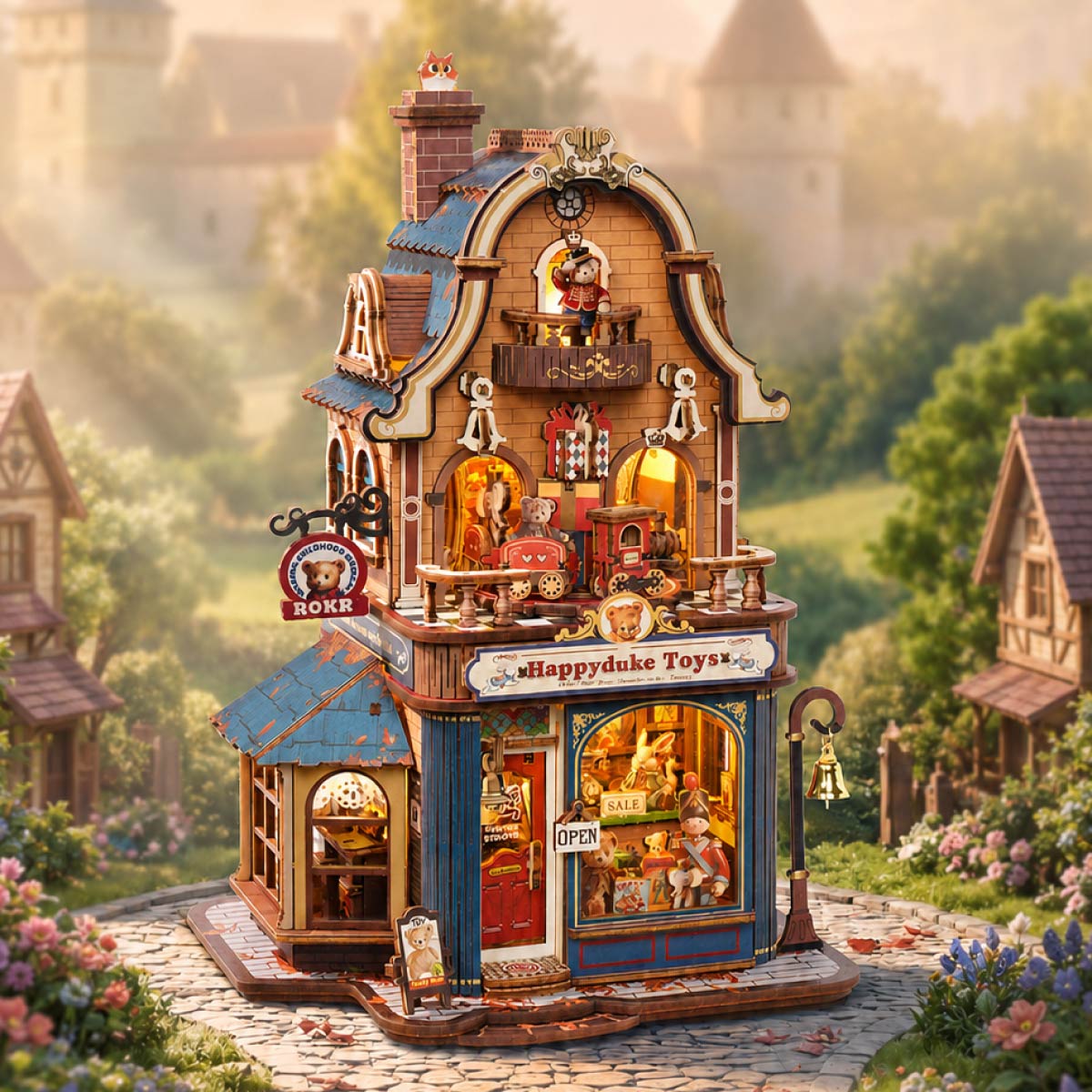 ROKR Happyduke Toys EAM01 lighted toy shop model in village scene