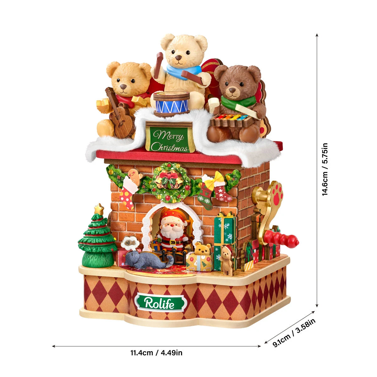 Rolife Christmas fireplace music box shown with dimensions: 11.4cm / 4.49in width, 14.6cm / 5.75in height and 9.1cm / 3.58in depth.