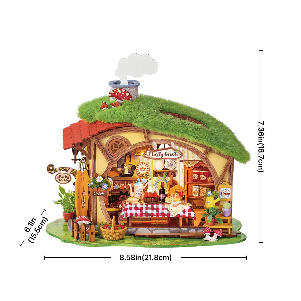 Rolife Fluffy Grove DIY Miniature House size chart, 8.58 x 6.1 x 7.36 in (21.8 x 15.5 x 18.7 cm)