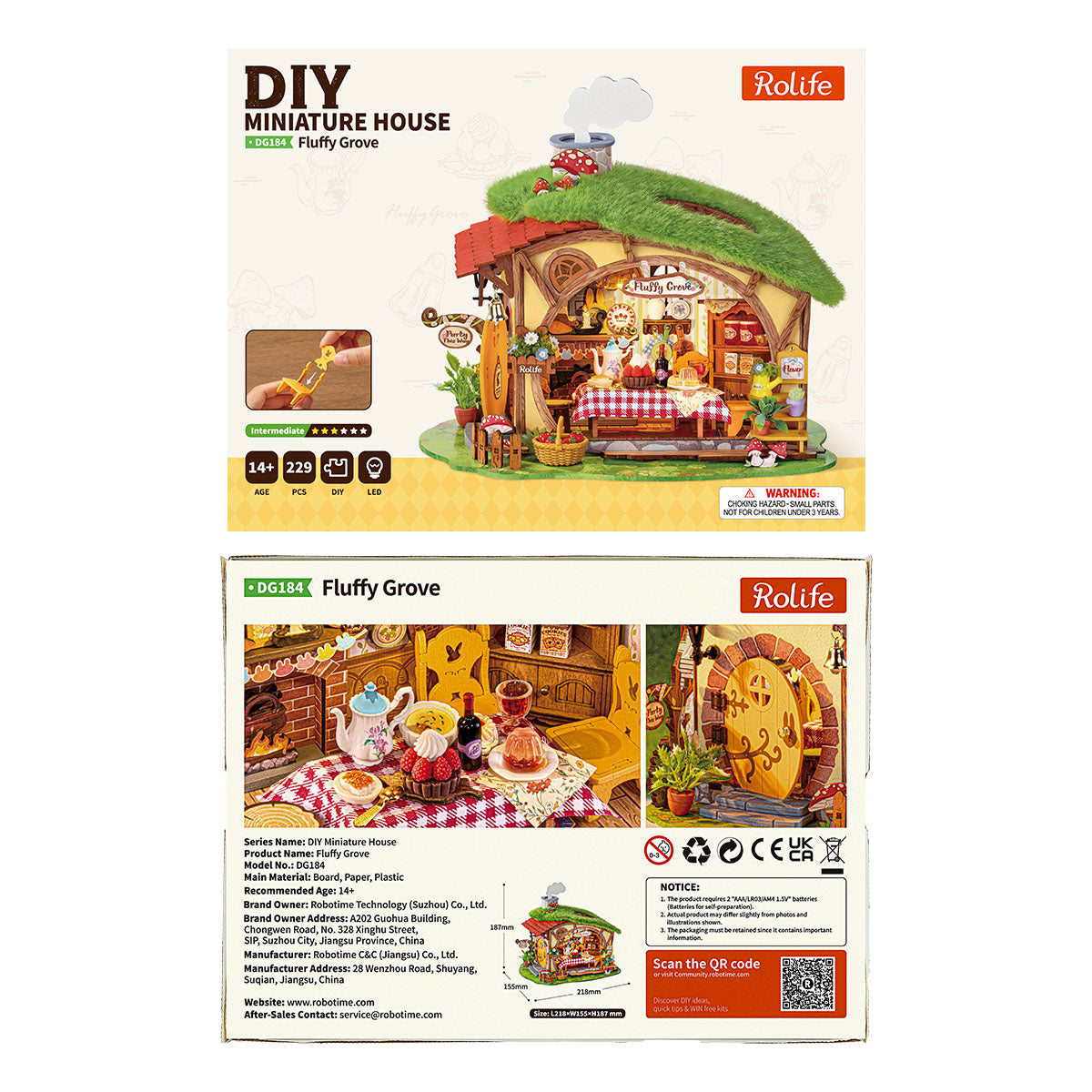 Rolife Fluffy Grove DIY Miniature House packaging box front and back