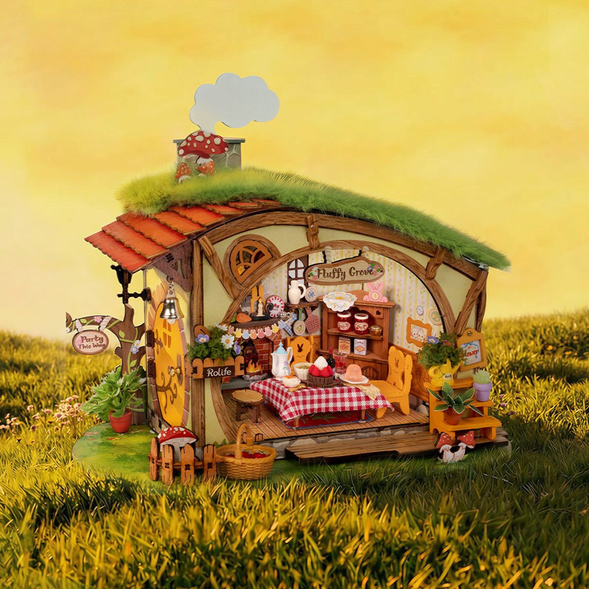 Rolife Fluffy Grove miniature house lit in a warm grassy evening scene
