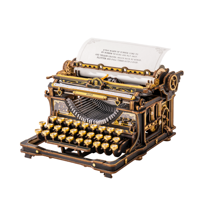 ROKR Mechanical Typewriter LK703B in black and gold on white background with a page loaded in the carriage