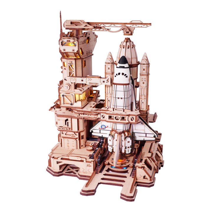 ROKR Space Shuttle LKA02 wooden 3D puzzle model with launch tower and rocket on a white background