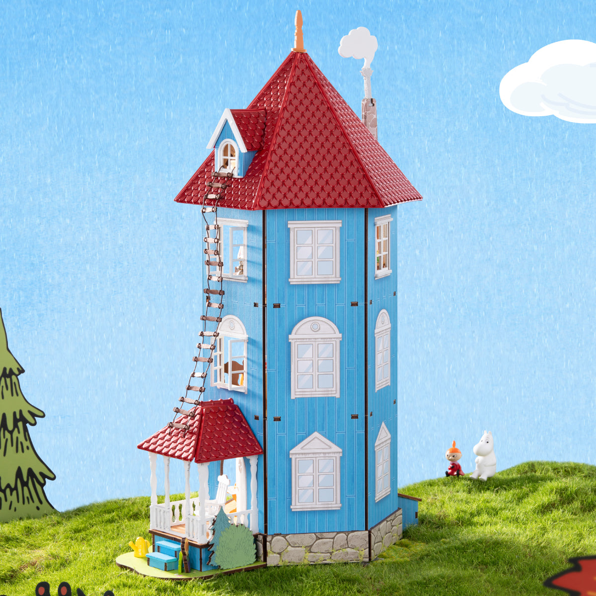 Rolife Moominhouse DIY miniature house exterior scene with blue walls and red roof