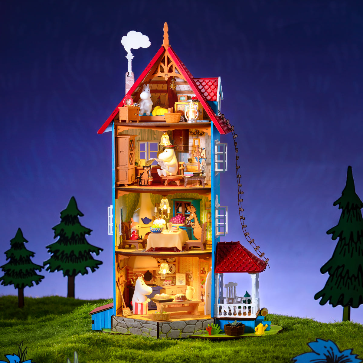Rolife Moominhouse DIY miniature house LED-lit interior night scene