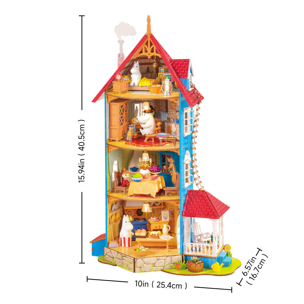 Rolife Moominhouse DIY miniature house size chart showing 25.4x16.7x40.5 cm dimensions