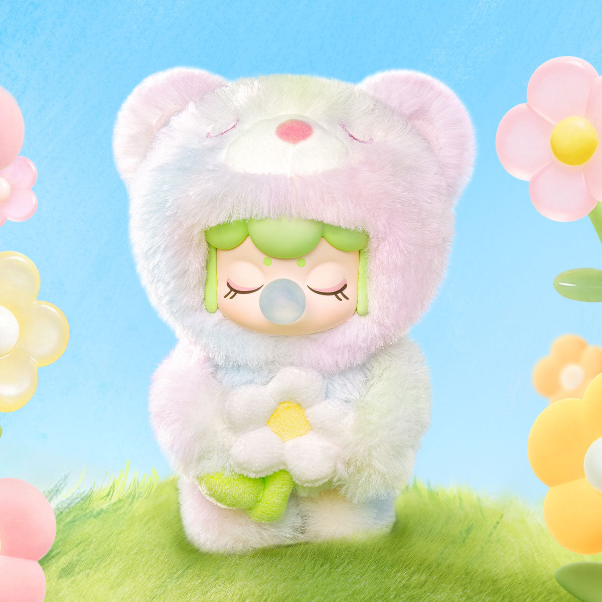 Front view of the Nanci Spring Bear plush pendant blind box toy on grass with flowers