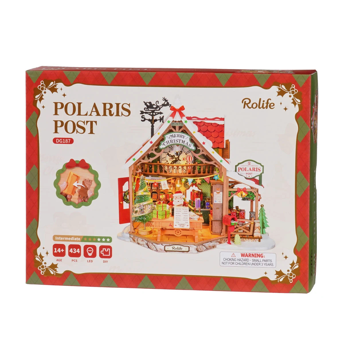 Rolife Polaris Post DG187 packaging box showing a lit Christmas post office miniature with Santa figure, Christmas tree, gifts, mailbox and reindeer weathervane; box reads 14+, 434 PCS, LED, DIY, Intermediate.