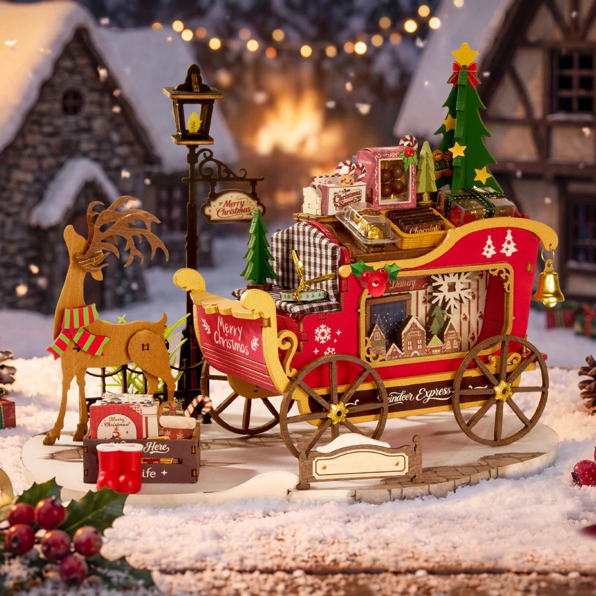 Rolife wooden reindeer and red sleigh miniature on a snowy base with a lamp post, Christmas tree, gifts and candy, displayed in a snowy village scene with warm lights.