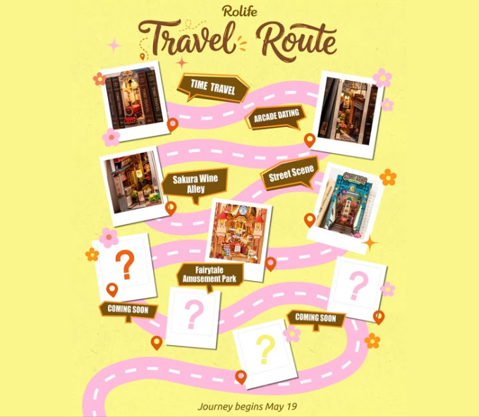 Rolife Travel Route themed roadmap poster showing photo stops for Sakura Wine Alley and Street Scene book nooks