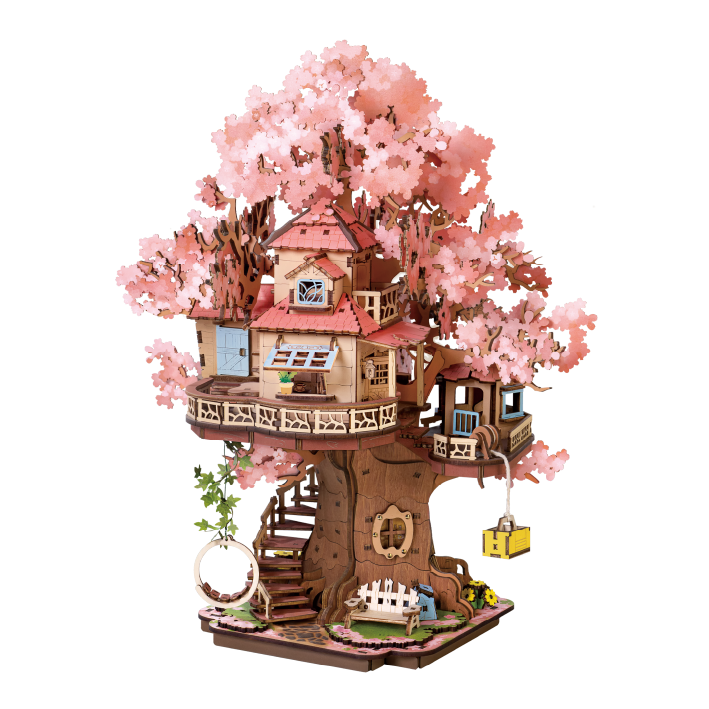 Rolife Sakura Tree House TGS04 miniature with pink blossom tree spiral staircase and small figures on base